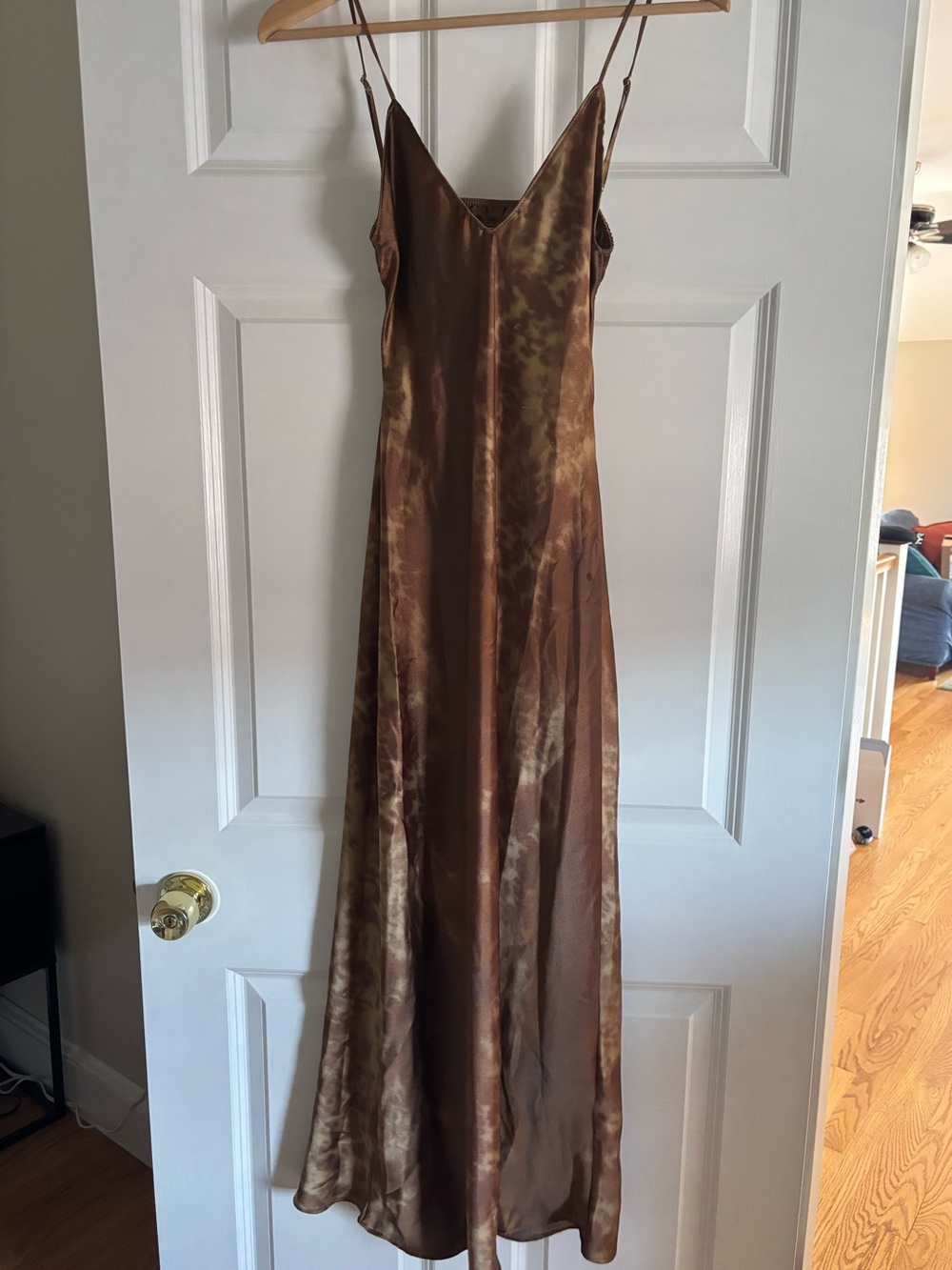 Zara Women's Brown Satin Slip Dress with Tie-Dye Effect